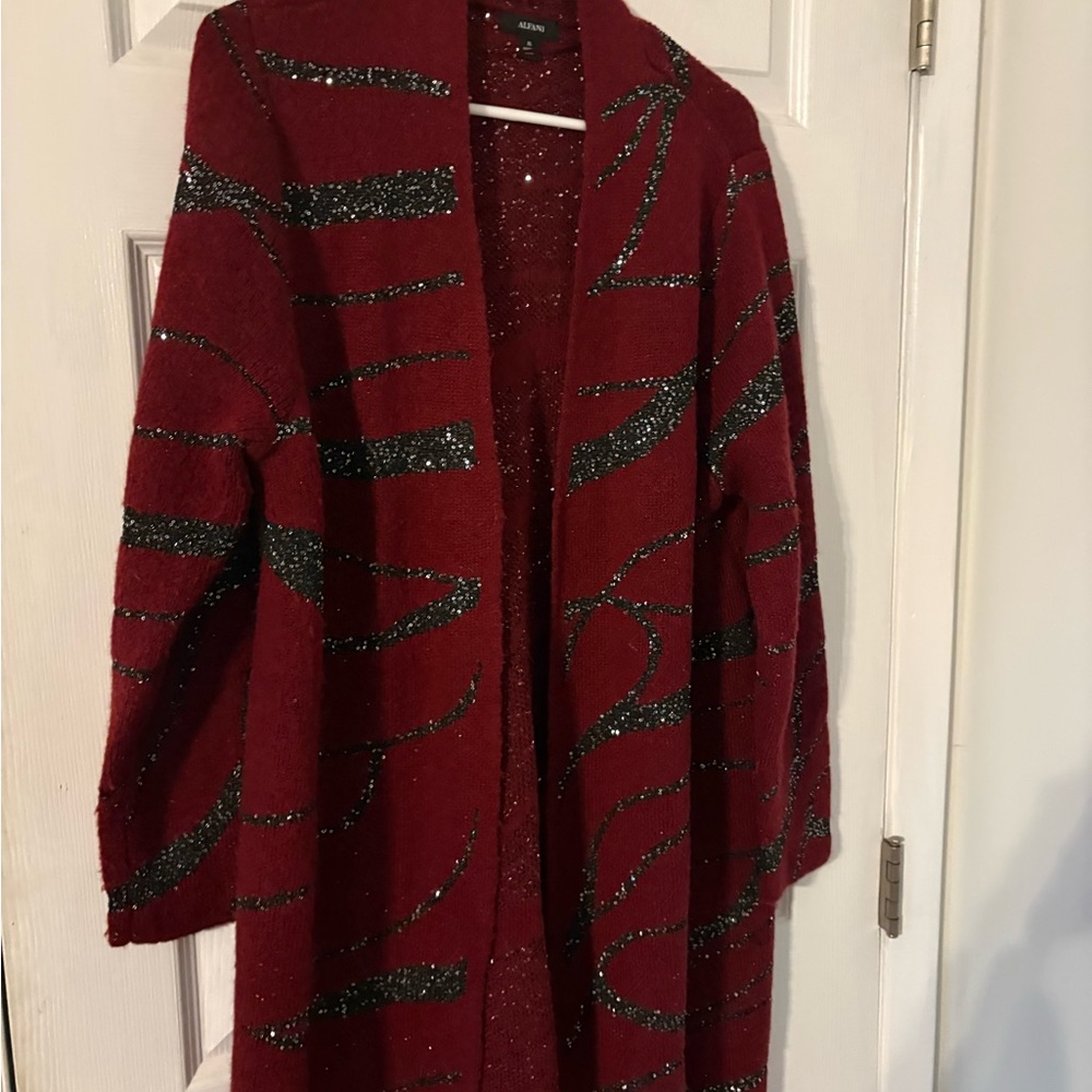 Burgundy Sparkle Statement Cardigan XL Y2K Glitter Zebra Open Front Duster - Picture 3 of 7